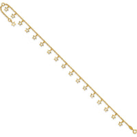 14K Yellow Gold Textured Star Dangle Anklet with 1" Extender - Adjustable Length 10"