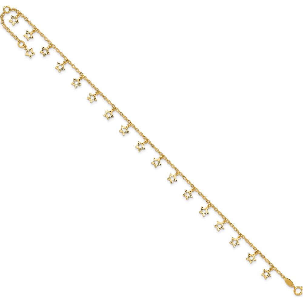 14K Yellow Gold Textured Star Dangle Anklet with 1" Extender - Adjustable Length 10"