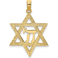 14K Yellow Gold Textured Star of David with Chai Center Charm - 26.8mm Length by Oro Pregiato