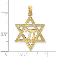14K Yellow Gold Textured Star of David with Chai Center Charm - 26.8mm Length by Oro Pregiato