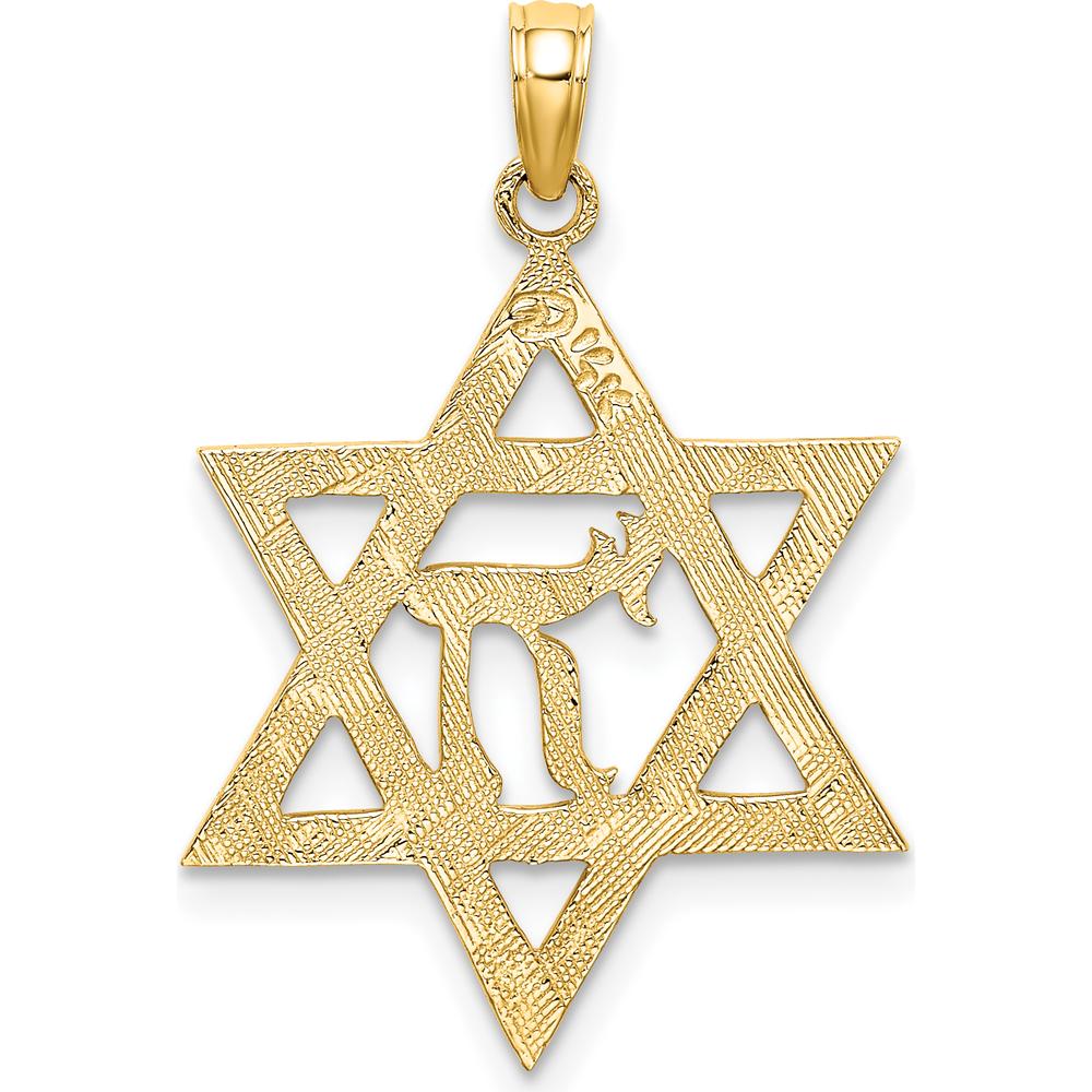 14K Yellow Gold Textured Star of David with Chai Center Charm - 26.8mm Length by Oro Pregiato