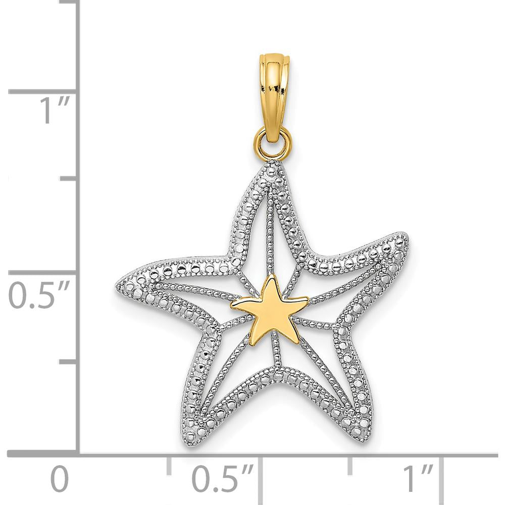 14K Yellow Gold Textured Starfish Charm with Rhodium Accent by Oro Pregiato