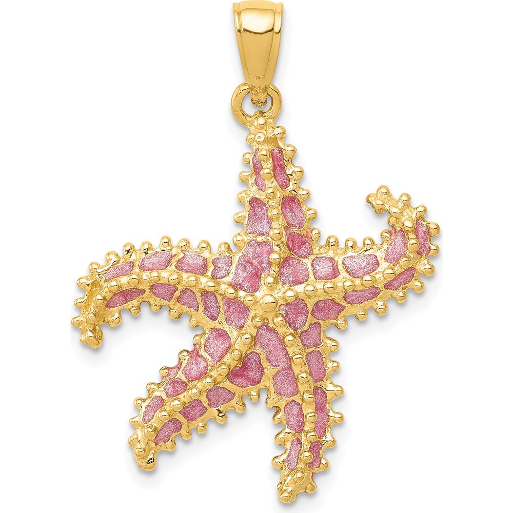 14K Yellow Gold Textured Starfish Pendant with Pink Enamel Accents - 32mm by Oro Pregiato