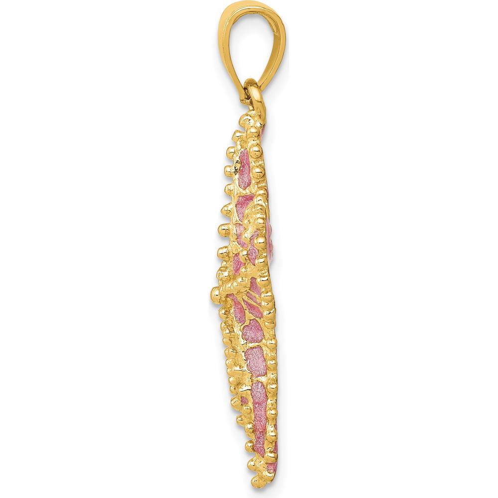 14K Yellow Gold Textured Starfish Pendant with Pink Enamel Accents - 32mm by Oro Pregiato