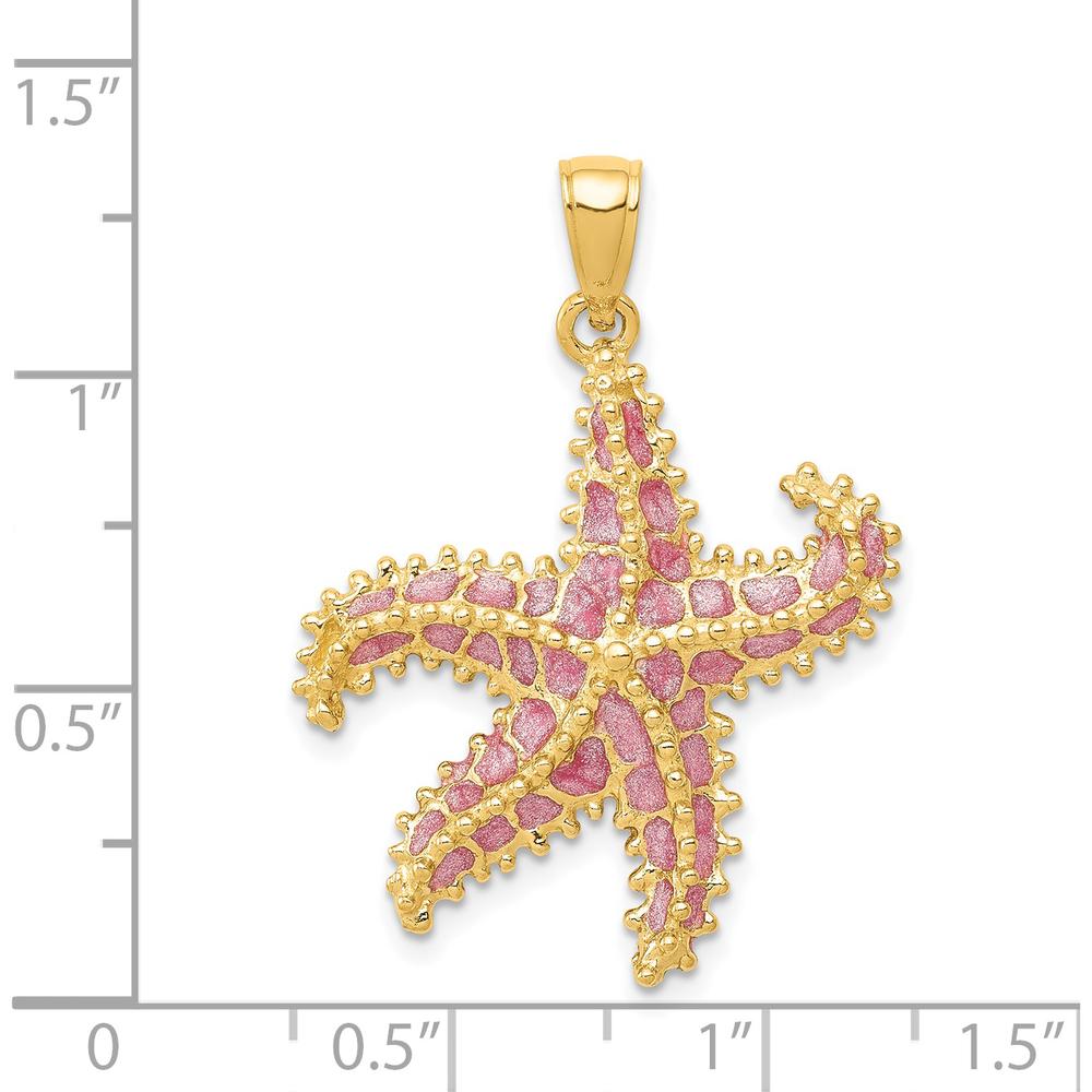 14K Yellow Gold Textured Starfish Pendant with Pink Enamel Accents - 32mm by Oro Pregiato