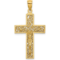14K Yellow Gold Textured Swirl Design Crucifix Charm Pendant with Filigree Detailing by Oro Pregiato