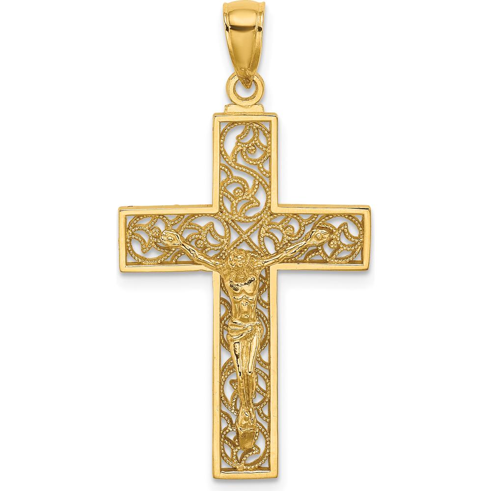 14K Yellow Gold Textured Swirl Design Crucifix Charm Pendant with Filigree Detailing by Oro Pregiato