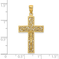 14K Yellow Gold Textured Swirl Design Crucifix Charm Pendant with Filigree Detailing by Oro Pregiato