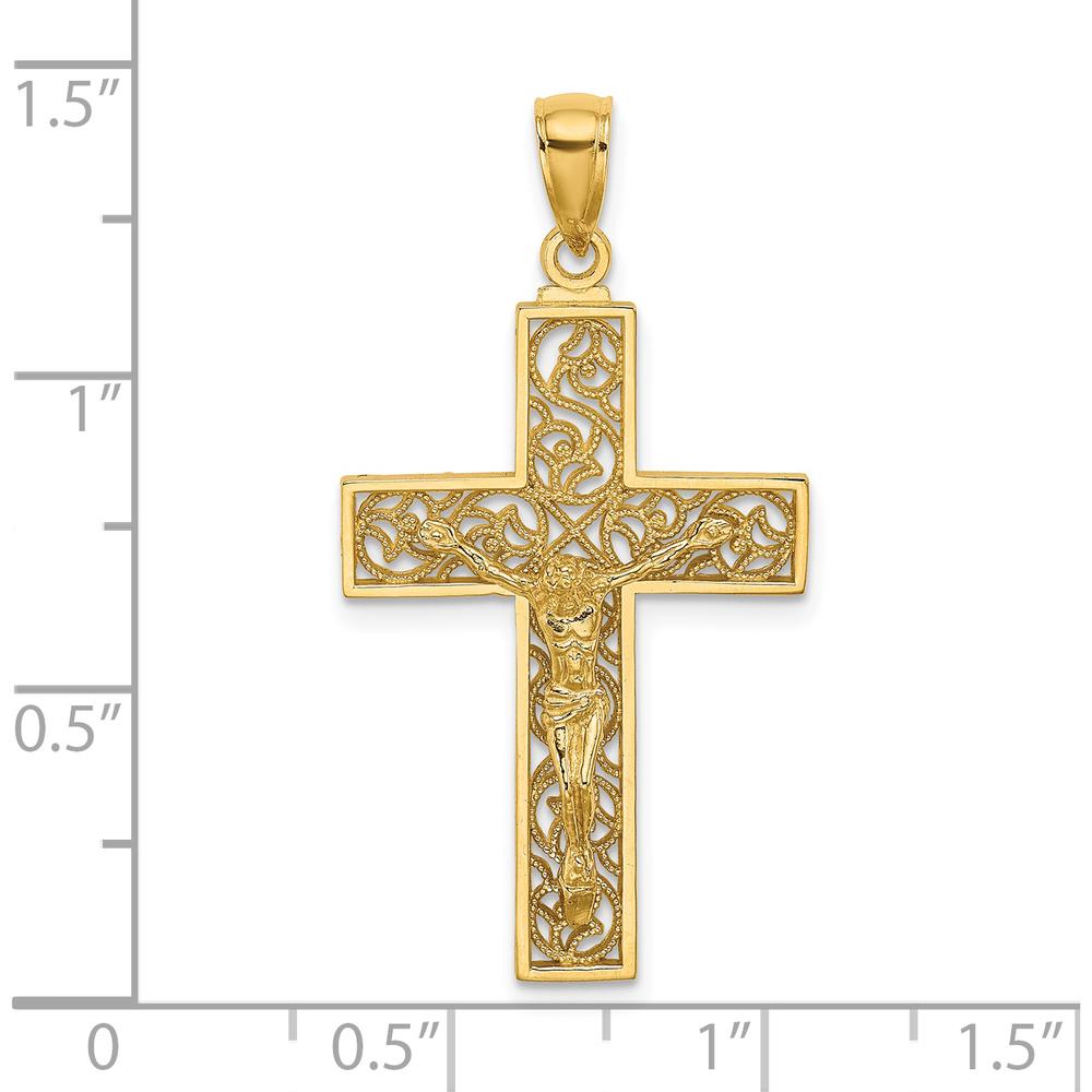 14K Yellow Gold Textured Swirl Design Crucifix Charm Pendant with Filigree Detailing by Oro Pregiato