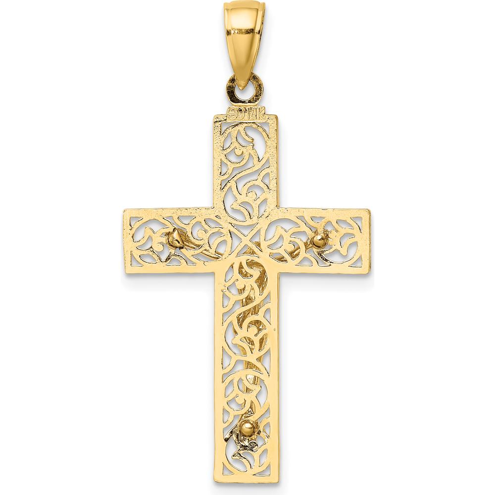 14K Yellow Gold Textured Swirl Design Crucifix Charm Pendant with Filigree Detailing by Oro Pregiato