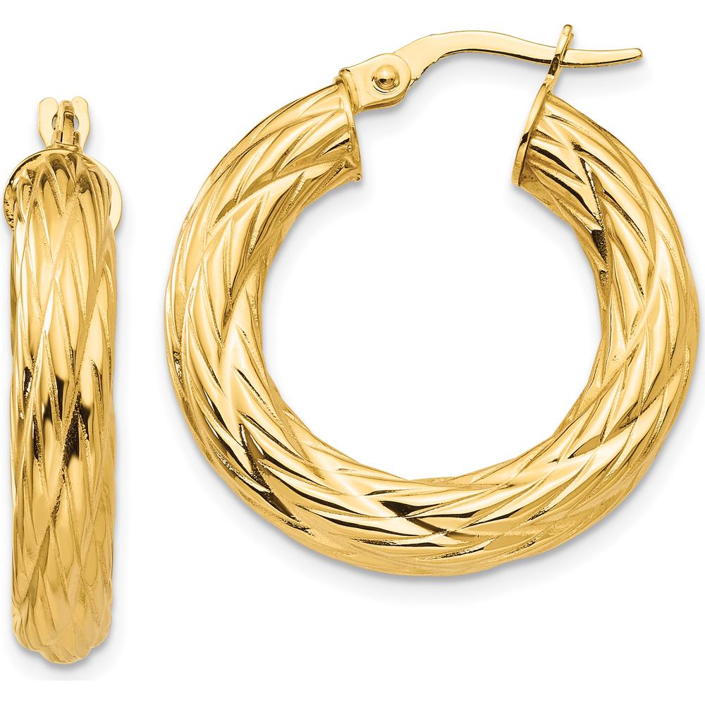 14K Yellow Gold Textured Tube Hoop Earrings - 28mm Length by 0
