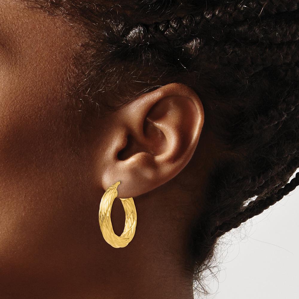 14K Yellow Gold Textured Tube Hoop Earrings - 28mm Length by 0