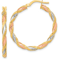 14K Yellow Gold Textured Twisted Hoop Earrings with Rose and White Rhodium Accents - 32.25mm by 0