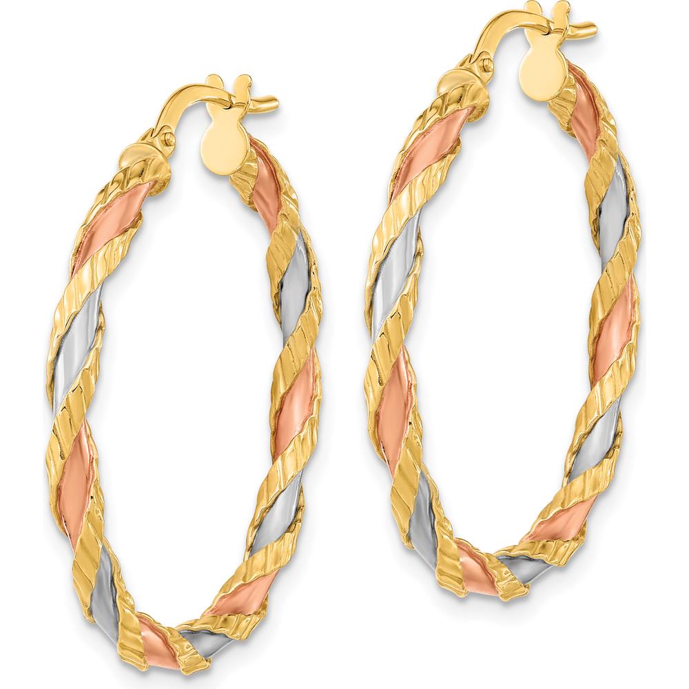 14K Yellow Gold Textured Twisted Hoop Earrings with Rose and White Rhodium Accents - 32.25mm by 0