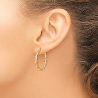 14K Yellow Gold Textured Twisted Hoop Earrings with Rose and White Rhodium Accents - 32.25mm by 0