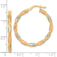 14K Yellow Gold Textured Twisted Hoop Earrings with Rose and White Rhodium Accents - 32.25mm by 0