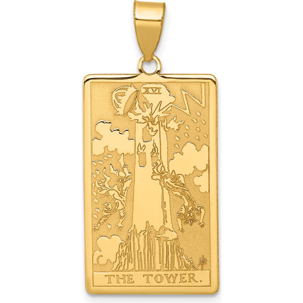 14K Yellow Gold The Tower Tarot Card Pendant - Textured Gold Charm