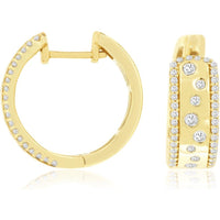 14K Yellow Gold Thick Diamond Hoop Earrings with Pave Borders and Flush-Set Round Diamonds - 0.58 Carat Total Diamond Weight - Royal Jewelry