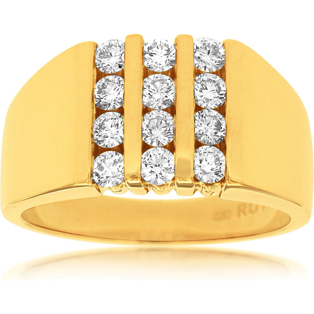 14K Yellow Gold Three-Channel Geometric Band with 12 Round Brilliant Diamonds - 1.00 Carat Total Diamond Weight - Royal Jewelry