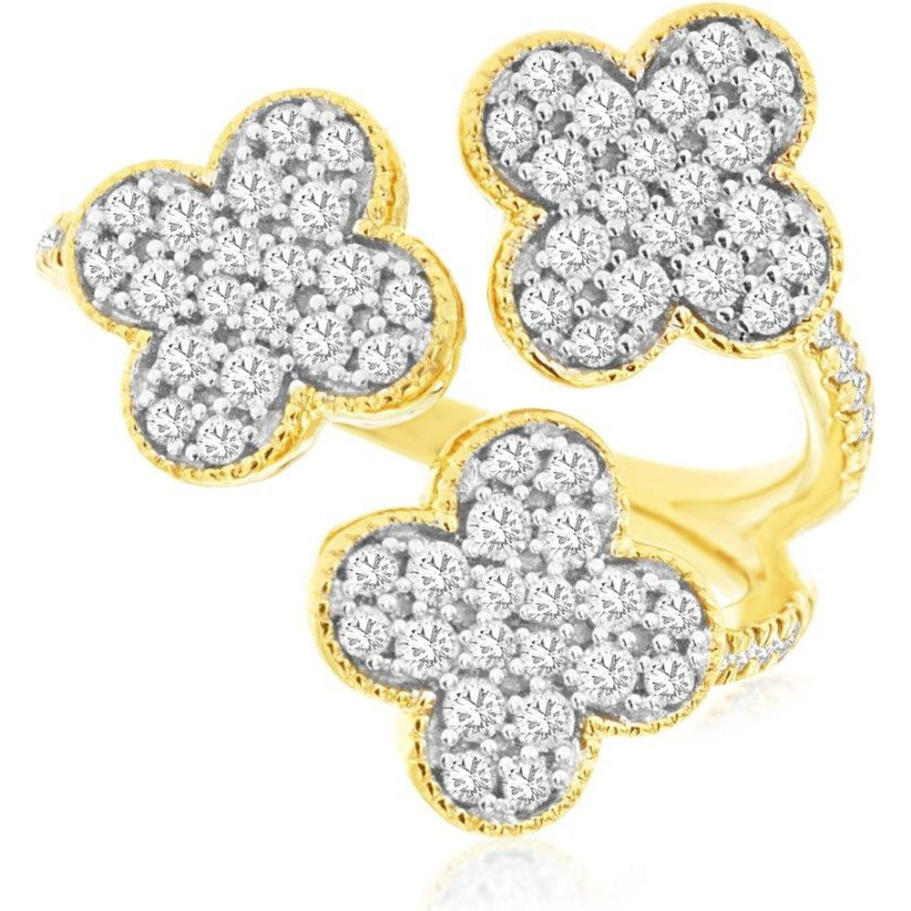 14K Yellow Gold Three-Flower Bypass Ring with Pavé-Set Round Diamonds - 0.75 Carat Total Diamond Weight - Royal Jewelry