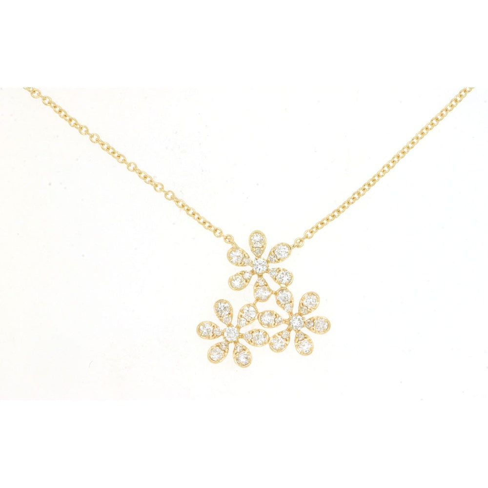 14K Yellow Gold Three-Flower Cluster Pendant Necklace with Milgrain-Edged Round Diamonds - 0.35 Carat Total Diamond Weight - Royal Jewelry