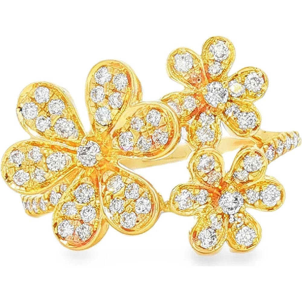 14K Yellow Gold Three Flower Cluster Ring with Prong Set Round Diamonds - 0.56 Carat Total Diamond Weight by Auriventus
