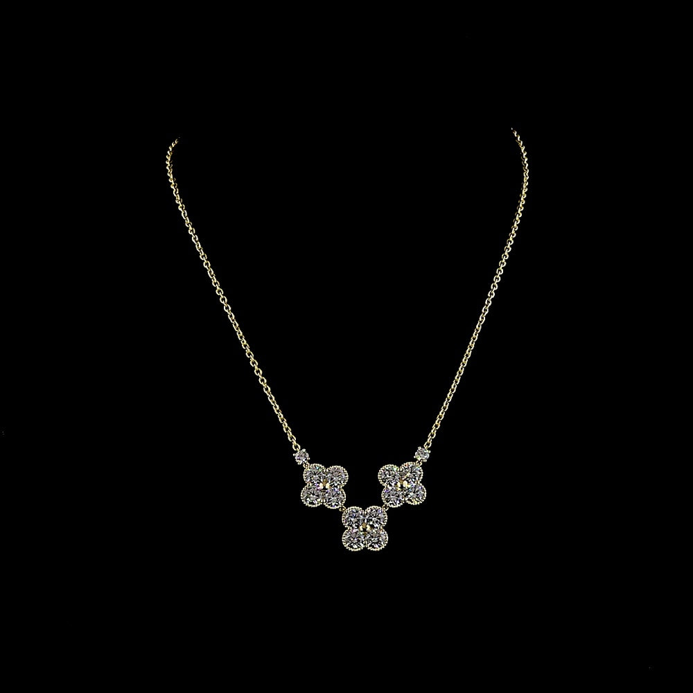 14K Yellow Gold Three-Flower Motif Necklace with Brilliant Round Cut Lab Diamonds - 6.46 Carat Total Diamond Weight - Covaloro Fine Jewelry