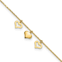14K Yellow Gold Three Heart Dangle Anklet with Adjustable 10" Length and 1" Extender