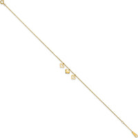 14K Yellow Gold Three Heart Dangle Anklet with Adjustable 10" Length and 1" Extender