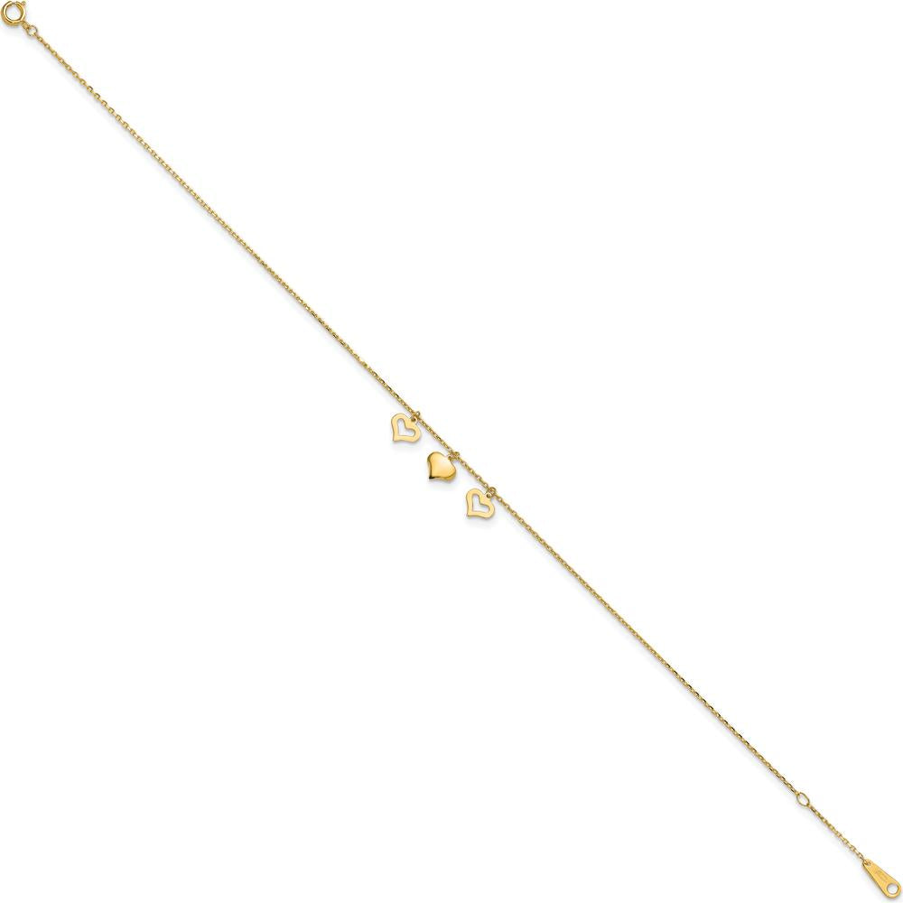 14K Yellow Gold Three Heart Dangle Anklet with Adjustable 10" Length and 1" Extender