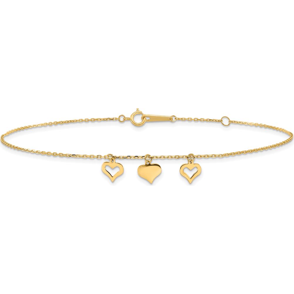 14K Yellow Gold Three Heart Dangle Anklet with Adjustable 10" Length and 1" Extender