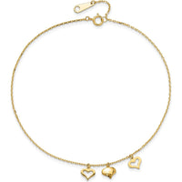 14K Yellow Gold Three Heart Dangle Anklet with Adjustable 10" Length and 1" Extender
