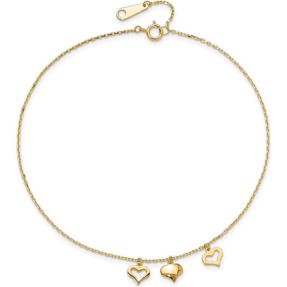 14K Yellow Gold Three Heart Dangle Anklet with Adjustable 10" Length and 1" Extender