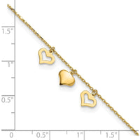 14K Yellow Gold Three Heart Dangle Anklet with Adjustable 10" Length and 1" Extender