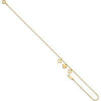 14K Yellow Gold Three Heart Dangle Anklet with Adjustable 10" Length and 1" Extender
