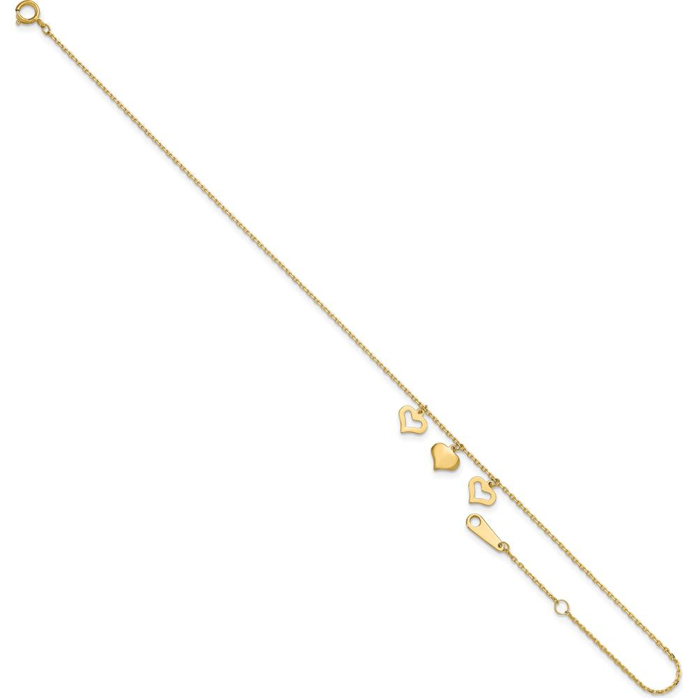 14K Yellow Gold Three Heart Dangle Anklet with Adjustable 10" Length and 1" Extender