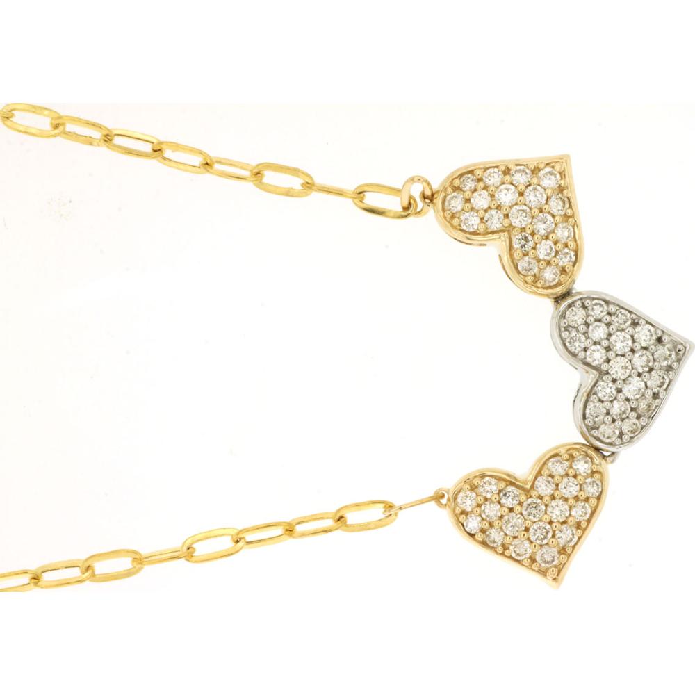 14K Yellow Gold Three Heart Diamond Pendant Necklace with Round Brilliant Cut Pavé Diamonds - 0.55 Carat Total Weight - Royal Jewelry