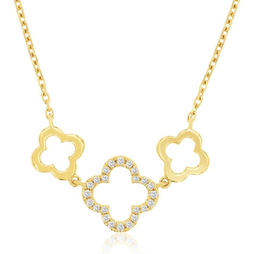14K Yellow Gold Three-Motif Open Quatrefoil Necklace with Prong-Set Round Diamond Center - 0.10 Carat Total Diamond Weight - Royal Jewelry