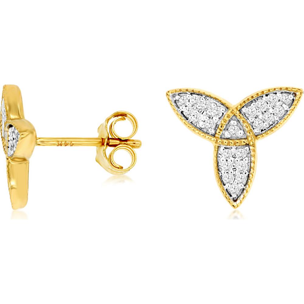 14K Yellow Gold Three-Petal Flower Diamond Stud Earrings with Milgrain Detail - 0.18 Carat Total Diamond Weight - Royal Jewelry
