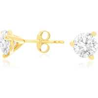 14K Yellow Gold Three-Prong Set Round Lab-Grown Diamond Stud Earrings - 2.00 Carat Total Diamond Weight - Royal Jewelry