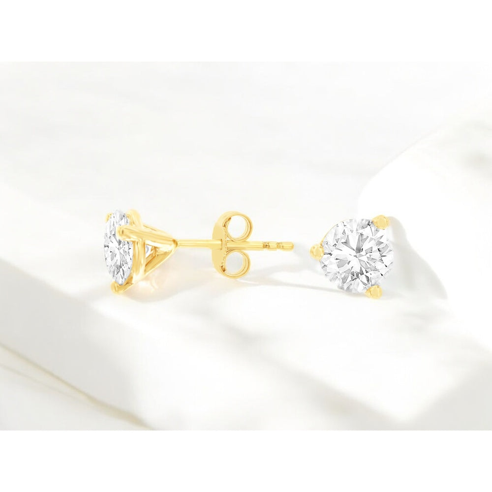 14K Yellow Gold Three-Prong Set Round Lab-Grown Diamond Stud Earrings - 2.00 Carat Total Diamond Weight - Royal Jewelry