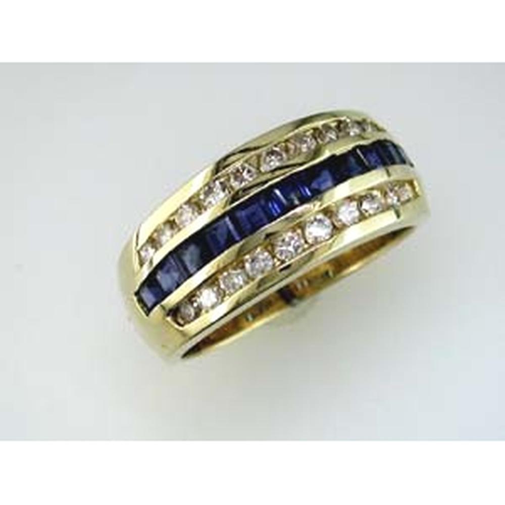 14K Yellow Gold Three-Row Band with Princess Cut Sapphires and Round Diamonds - 1.25 Carat Sapphire Total Weight, 0.52 Carat Diamond Total Weight - Royal Jewelry