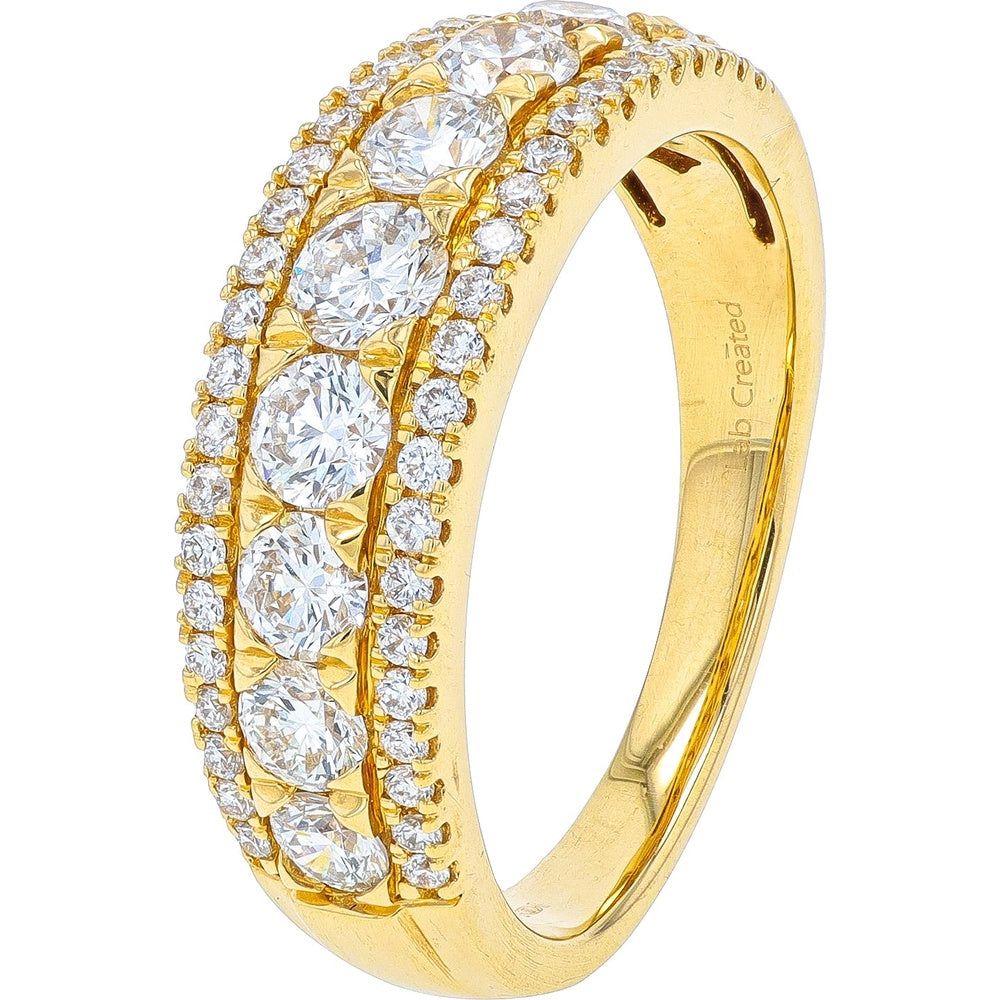 14K Yellow Gold Three-Row Band with Prong-Set Round Lab Grown Diamonds - 1.25 Carat Total Diamond Weight