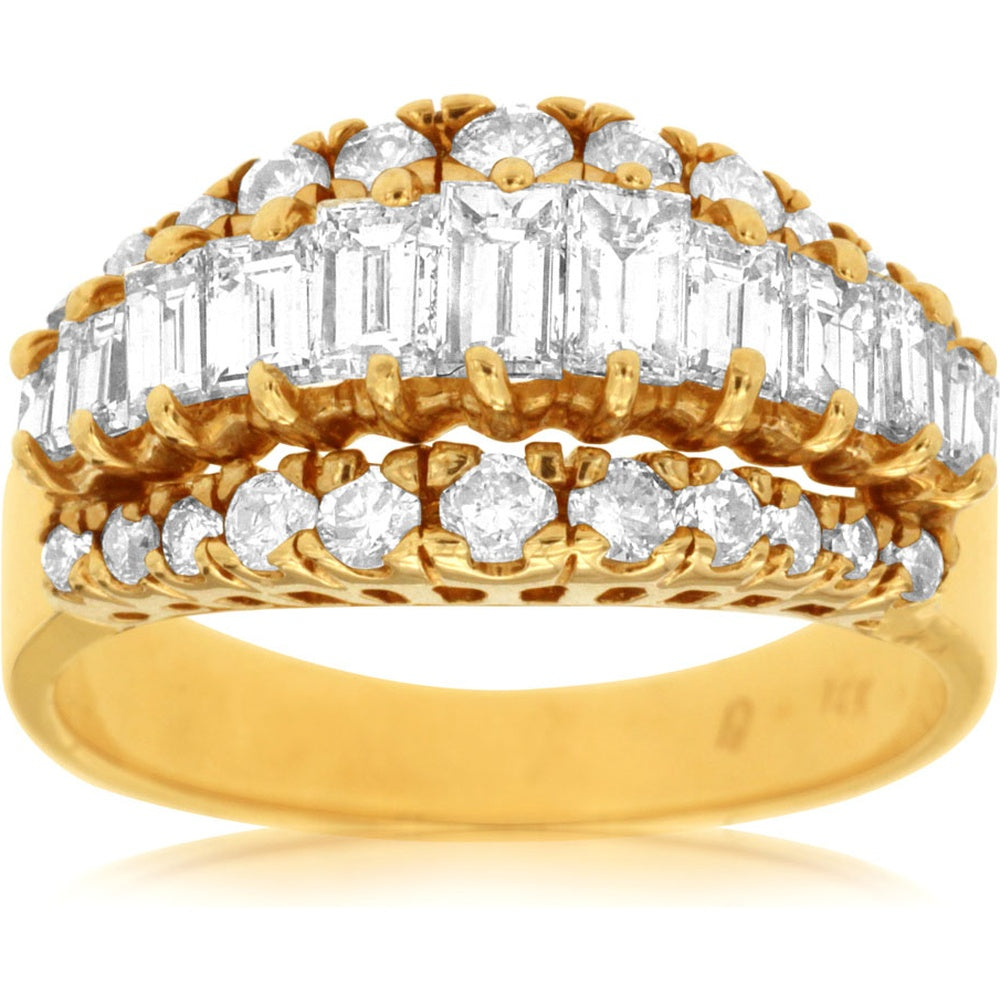 14K Yellow Gold Three-Row Diamond Band with 1.40 Carat Baguette and 0.60 Carat Round Diamonds - 2.00 Carat Total Diamond Weight - Royal Jewelry