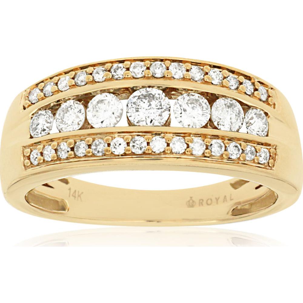 14K Yellow Gold Three-Row Diamond Band with Bar Set Round Brilliant and Milgrain Edge Detailing - 0.63 Carat Total Diamond Weight - Royal Jewelry