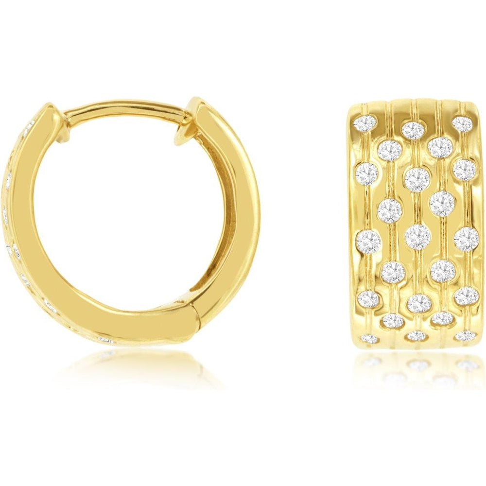 14K Yellow Gold Three-Row Diamond Huggie Earrings with Bead-Set Round Diamonds - 0.30 Carat Total Diamond Weight - Royal Jewelry