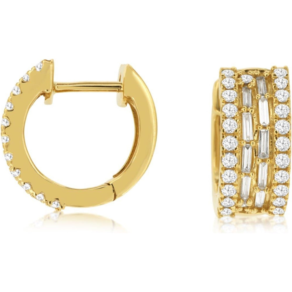 14K Yellow Gold Three-Row Diamond Huggie Hoop Earrings with Baguette and Round Brilliant-Cut Diamonds - 0.75 Carat Total Diamond Weight - Royal Jewelry