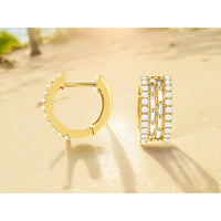 14K Yellow Gold Three-Row Diamond Huggie Hoop Earrings with Baguette and Round Brilliant-Cut Diamonds - 0.75 Carat Total Diamond Weight - Royal Jewelry