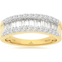 14K Yellow Gold Three-Row Ring with Channel-Set Baguette Diamonds and Prong-Set Round Diamonds - 1.00 Carat Total Diamond Weight - Royal Jewelry