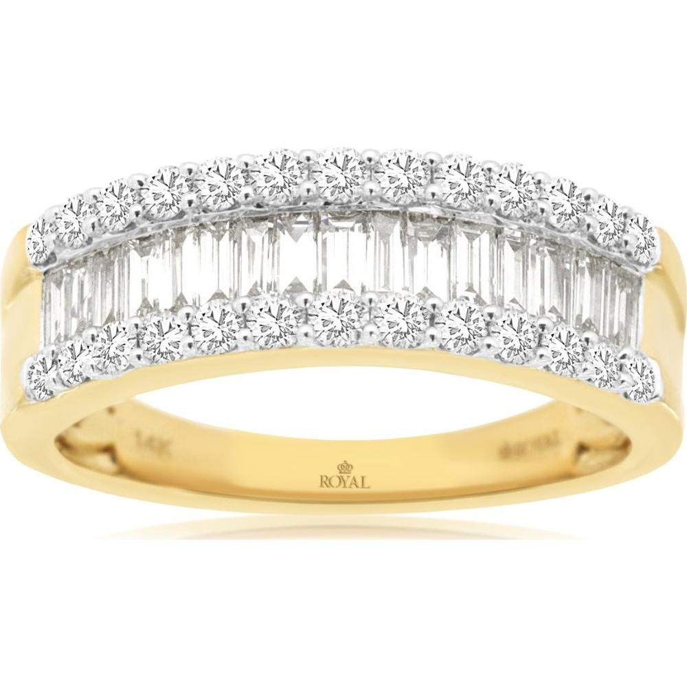 14K Yellow Gold Three-Row Ring with Channel-Set Baguette Diamonds and Prong-Set Round Diamonds - 1.00 Carat Total Diamond Weight - Royal Jewelry